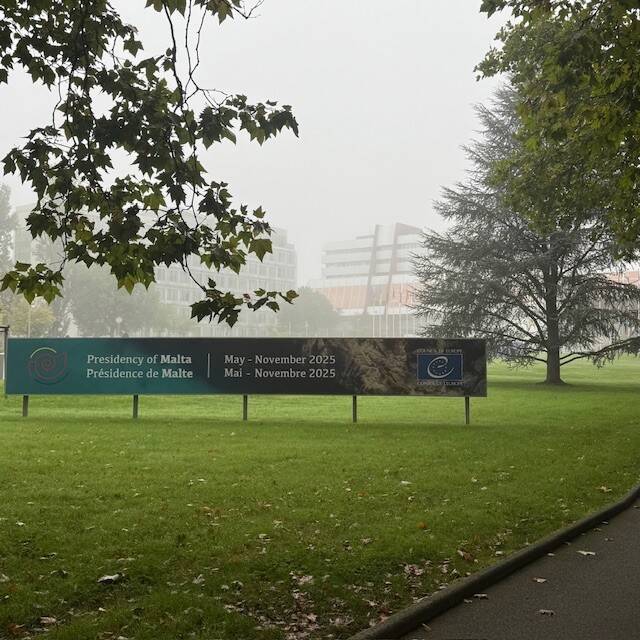 Het Palais de l'Europe in Straatsburg in de mist
